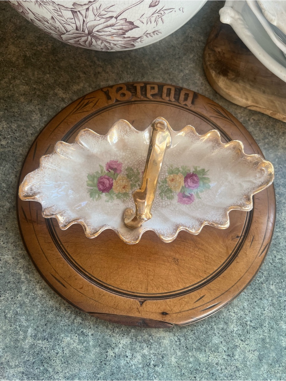Vintage Wellsville China Co
Serving Dish With Twig Handle
Gold Trim Stained!!